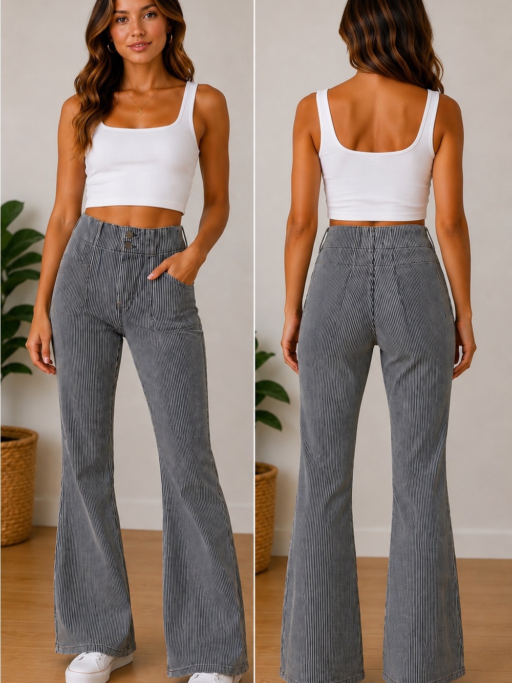 👖 Free People High-Waist Blue Pinstripe Flared Jeans 👖